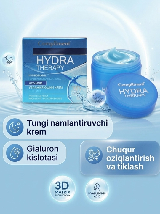 Compliment Hydra Therapy gialuron kislotali yuz uchun tungi namlantiruvchi krem, 50 ml 