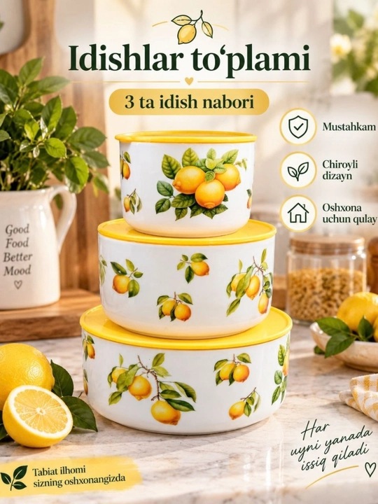 Qopqoqli keramik konteynerlar to‘plami, 3 dona - 