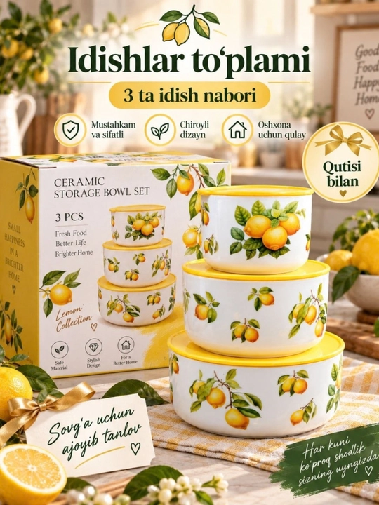 Qopqoqli keramik konteynerlar to‘plami, 3 dona