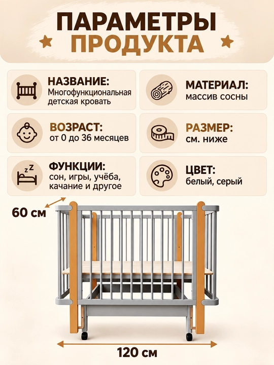 3 в 1 bolalar krovatkasi, 120×60 sm, beshik, tebranish, 0–6 yosh, 3 daraja