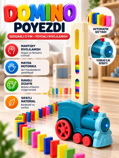 Bolalar uchun o'yinchoq poyezd, rangli domino bloklari bilan bolalar uchun qiziqarli o'yin - 