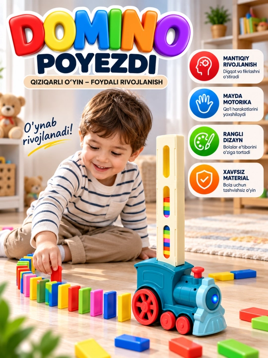 Bolalar uchun o'yinchoq poyezd, rangli domino bloklari bilan bolalar uchun qiziqarli o'yin