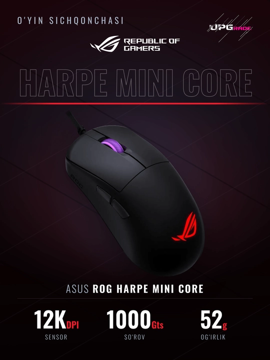 Simli o'yin sichqonchasi ASUS ROG Harpe Mini Core, 12 000 DPI, 52 g, RGB, qora