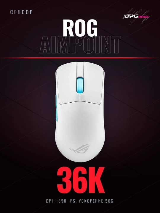 Simsiz o'yin sichqonchasi ASUS ROG Harpe Ace Aim Lab Edition, 36 000 DPI, 54 g, oq