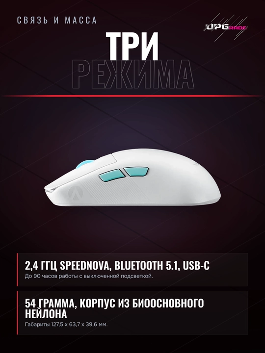 Simsiz o'yin sichqonchasi ASUS ROG Harpe Ace Aim Lab Edition, 36 000 DPI, 54 g, oq