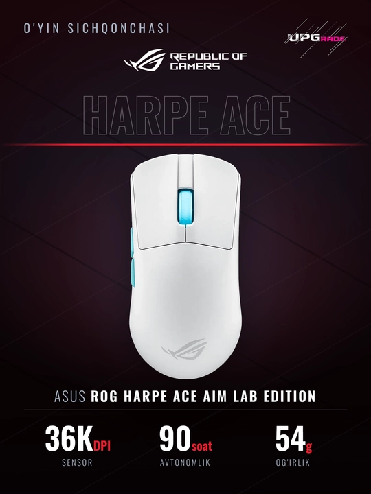 Simsiz o'yin sichqonchasi ASUS ROG Harpe Ace Aim Lab Edition, 36 000 DPI, 54 g, oq