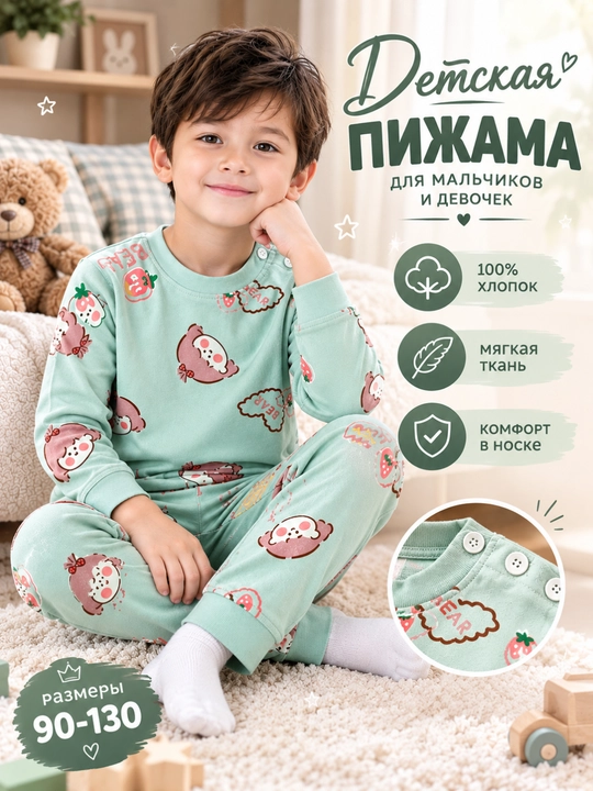 O‘g‘il va qiz bolalar uchun paxtadan tikilgan pijama, uxlash uchun to‘plam, o‘lchamlari 90-130