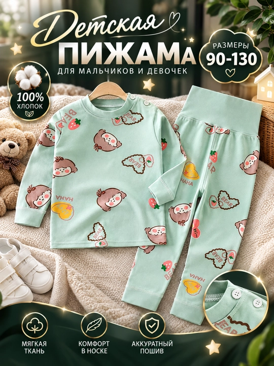 O‘g‘il va qiz bolalar uchun paxtadan tikilgan pijama, uxlash uchun to‘plam, o‘lchamlari 90-130