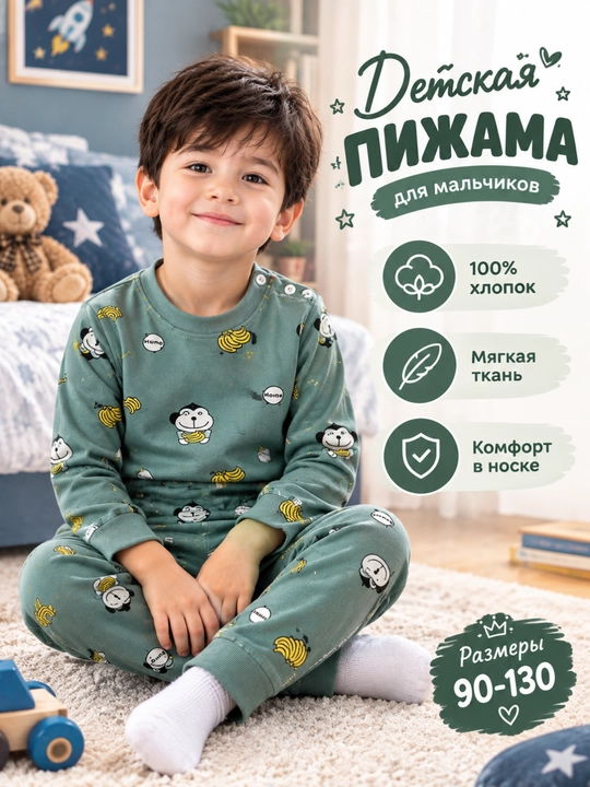 O‘g‘il va qiz bolalar uchun paxtadan tikilgan pijama, uxlash uchun to‘plam, o‘lchamlari 90-130