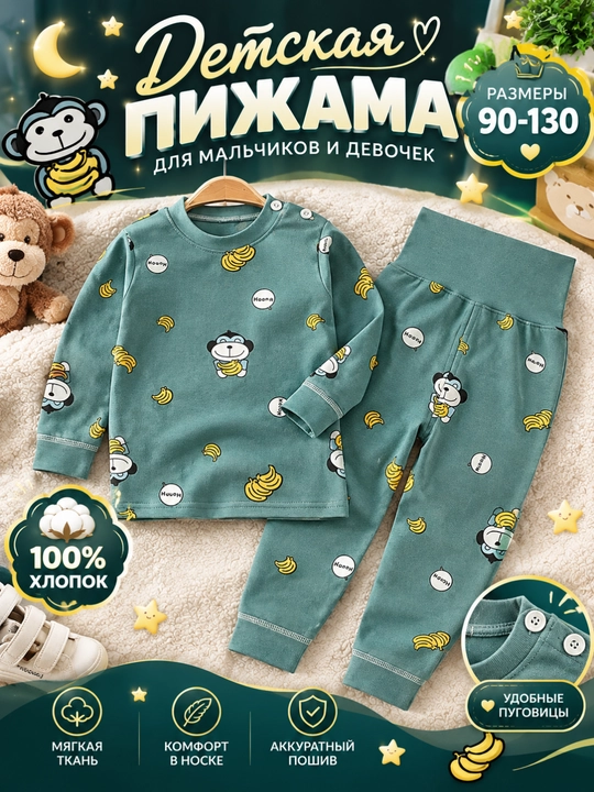 O‘g‘il va qiz bolalar uchun paxtadan tikilgan pijama, uxlash uchun to‘plam, o‘lchamlari 90-130