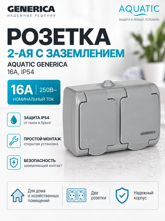 Розетка 2-ая с заземлением 16А IP54 AQUATIC GENERICA - 