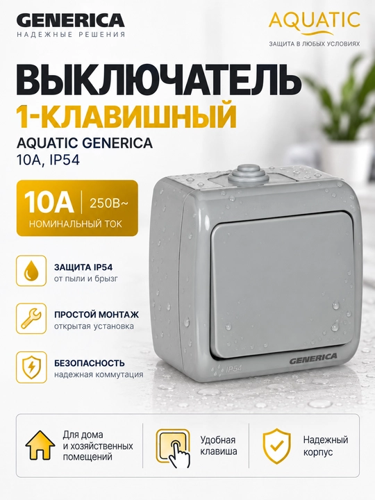 Выключатель 1-клавишный 10А IP54 AQUATIC GENERICA - 