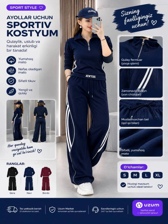 Ayollar uchun sportiv kostyum zamonaviy qulay kiyim