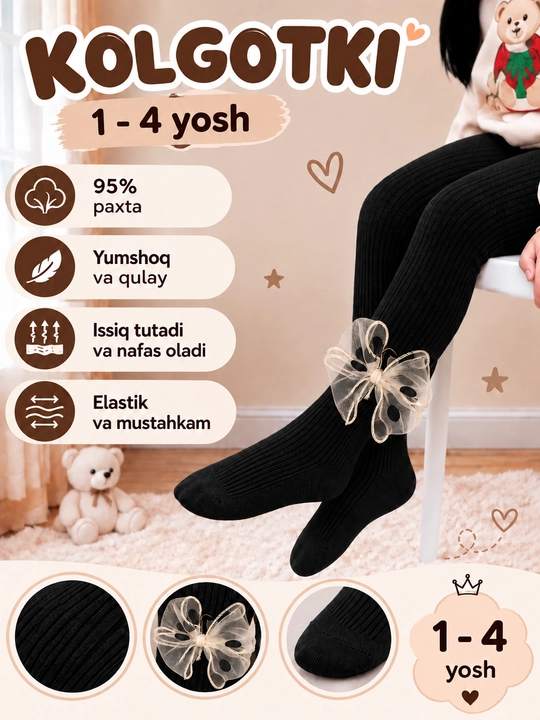 Qiz bolalar uchun yumshoq kolgotkalar S - 1-2 yosh M - 3-4 yosh - 