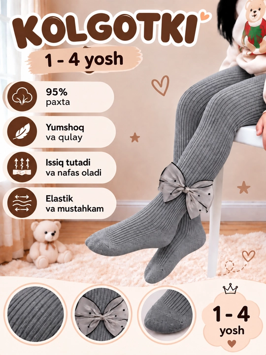 Qiz bolalar uchun yumshoq kolgotkalar S - 1-2 yosh M - 3-4 yosh - 