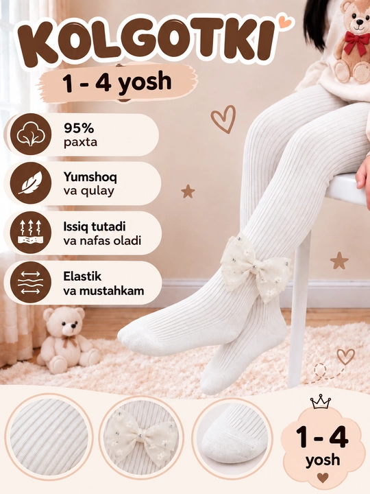 Qiz bolalar uchun yumshoq kolgotkalar S - 1-2 yosh M - 3-4 yosh - 