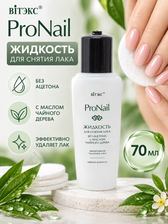 Tirnoqlarni tozalash vositasi PRO Nail choy daraxti yog'i bilan asetonsiz, 70 ml - 