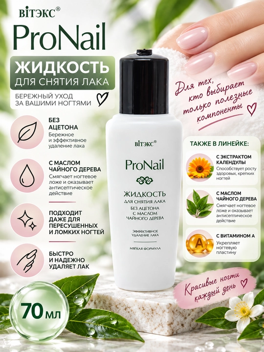 Жидкость для снятия лака PRO Nail без ацетона, с маслом чайного дерева, 70 мл
