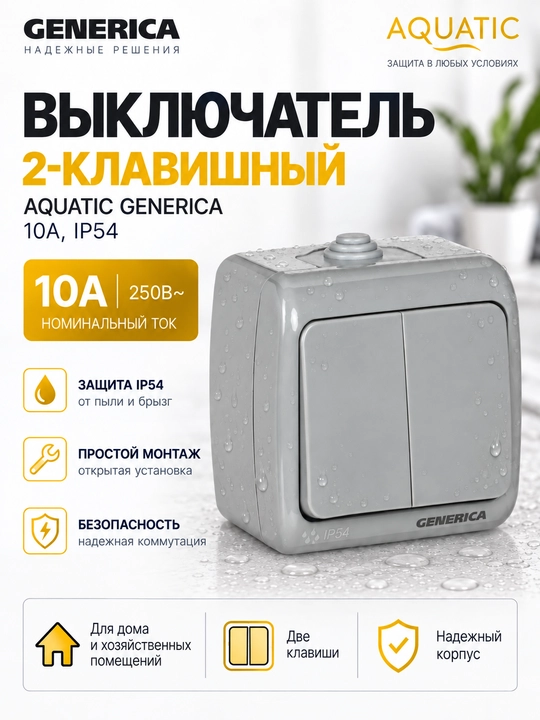Выключатель 2-клавишный 10А IP54 AQUATIC GENERICA - 