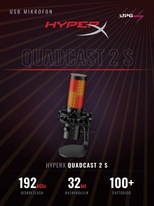 Микрофон USB HyperX QuadCast 2 S, 32 бит / 192 кГц, aRGB, Tap-to-Mute, чёрный