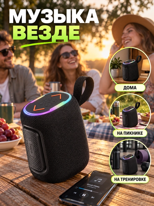 Hoco HC53 Suyun portativ Bluetooth kolonka, 10 W, RGB, TWS, IPX4, qora