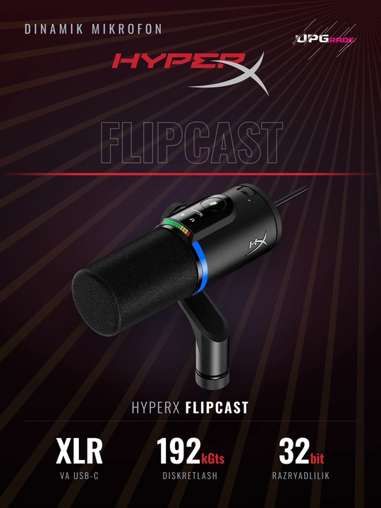 Микрофон динамический HyperX FlipCast, USB-C и XLR, 32 бит / 192 кГц, чёрный