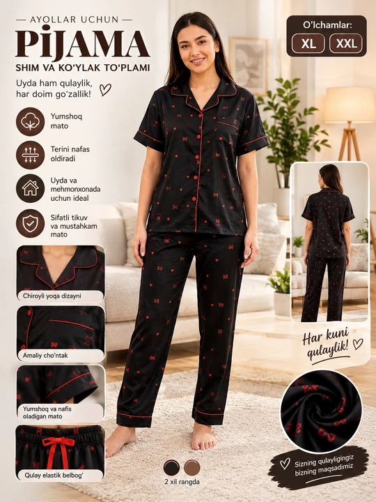Ayollar pijamasi, paxtali, kalta yengli, qizlar pijamasi, ayollar tungi kiyimi XL-XXL