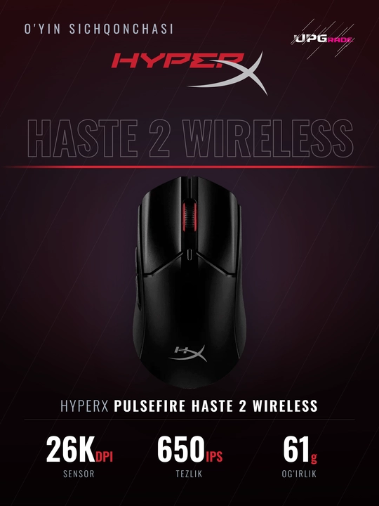 Simsiz o'yin sichqonchasi HyperX Pulsefire Haste 2 Wireless, 26 000 DPI, 61 g, qora