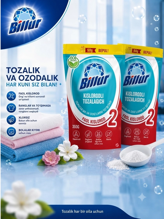 Kislorodli tozalagich, dog ketkazgich, oqartiruvchi, kir yuvish vositasi, Billur, kislorod