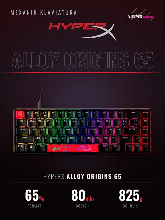 Mexanik klaviatura HyperX Alloy Origins 65, 65%, 67 tugma, RGB, USB-C, qora
