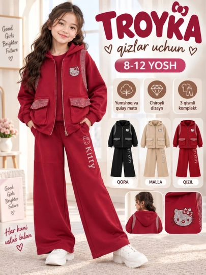 8-12 yoshli qizlar uchun 3 ta 1 da sport kostyumi, kofta, svitshot va shim bilan - 