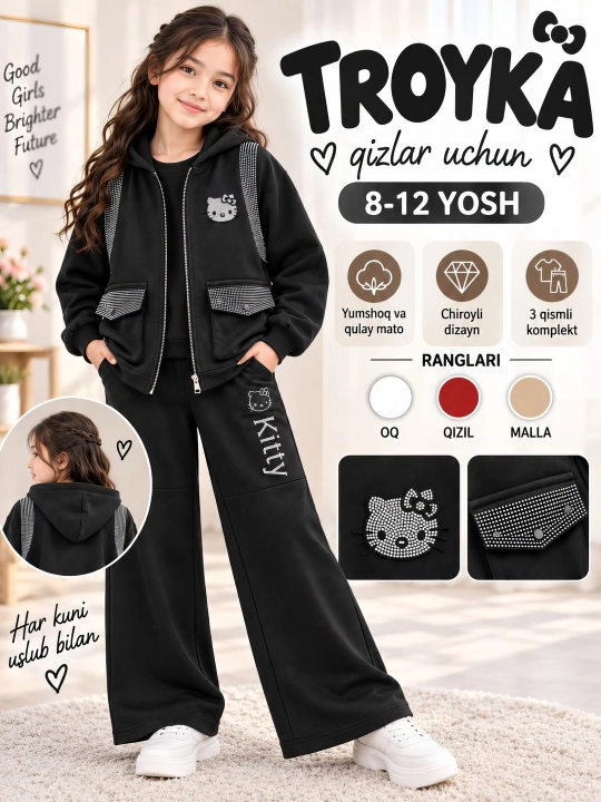 8-12 yoshli qizlar uchun 3 ta 1 da sport kostyumi, kofta, svitshot va shim bilan - 