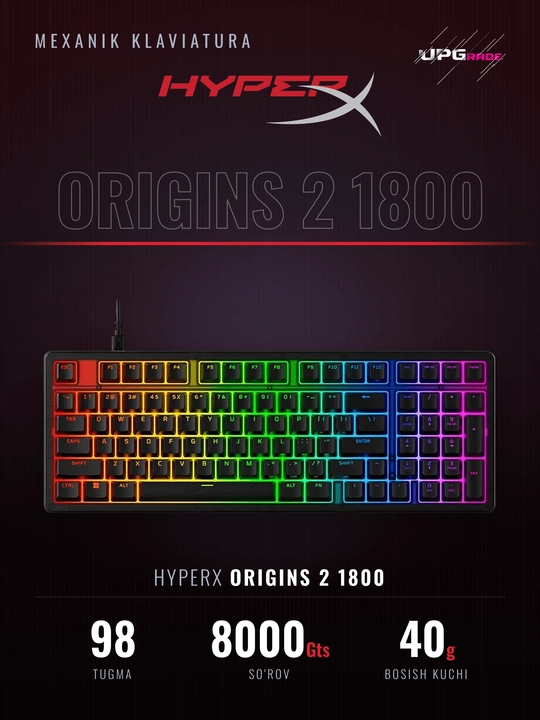 Mexanik klaviatura HyperX Origins 2 1800, 98 tugma, Hot-Swap, RGB, 8000 Gts, qora