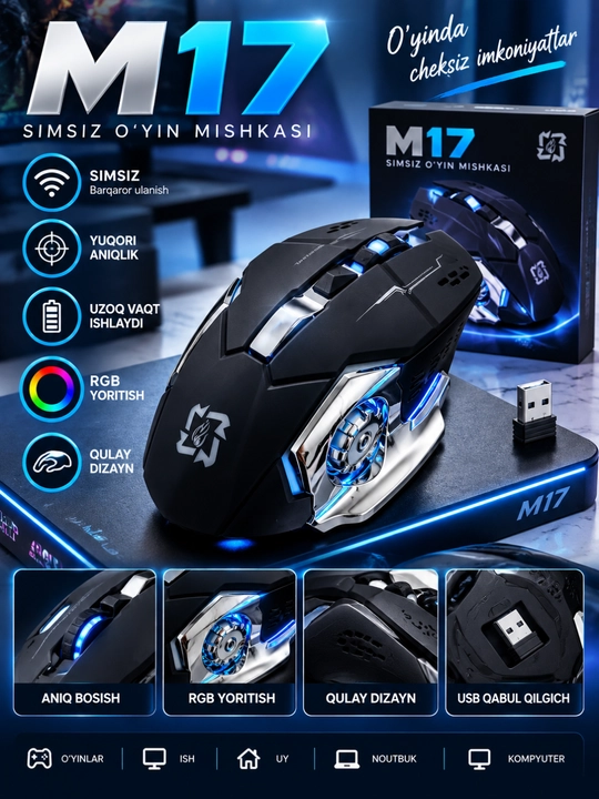 IMICE o‘yin sichqonchasi shovqinsiz, simsiz, m17, RGB yoritgichli - 