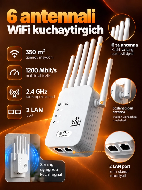 Repiter WiFi signal kuchaytirgich, simsiz internet uchun, 4 va 6 antennali, 300-1200Mbit/s