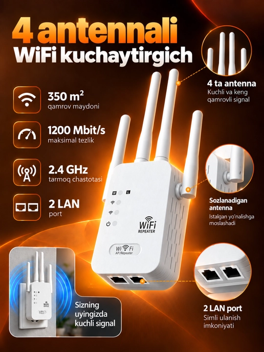 Repiter WiFi signal kuchaytirgich, simsiz internet uchun, 4 va 6 antennali, 300-1200Mbit/s
