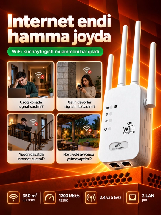 Repiter WiFi signal kuchaytirgich, simsiz internet uchun, 4 va 6 antennali, 300-1200Mbit/s