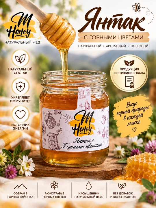 Натуральный мёд M Honey янтак с горными цветами, 500 г - 