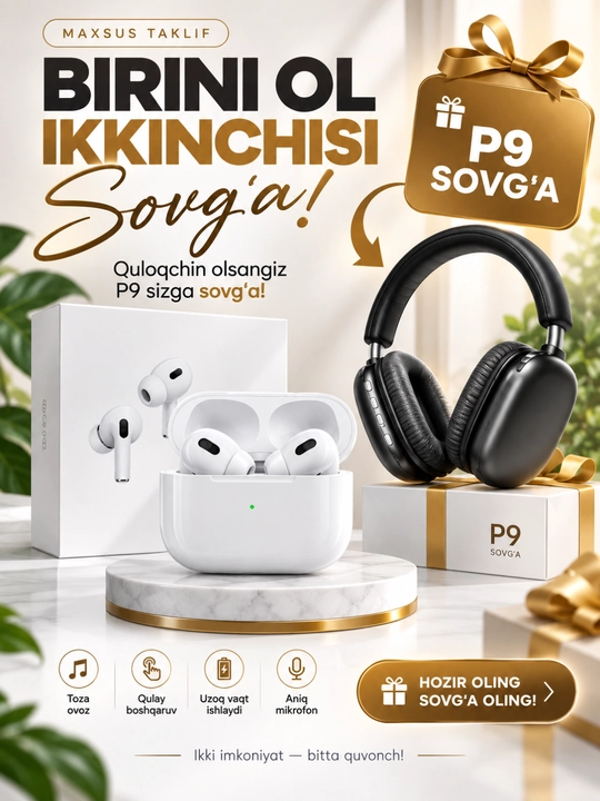 P9 va TWS 1+1 quloqchinlar to‘plami — kuchli ovoz, Bluetooth va uzoq muddatli xizmat - 