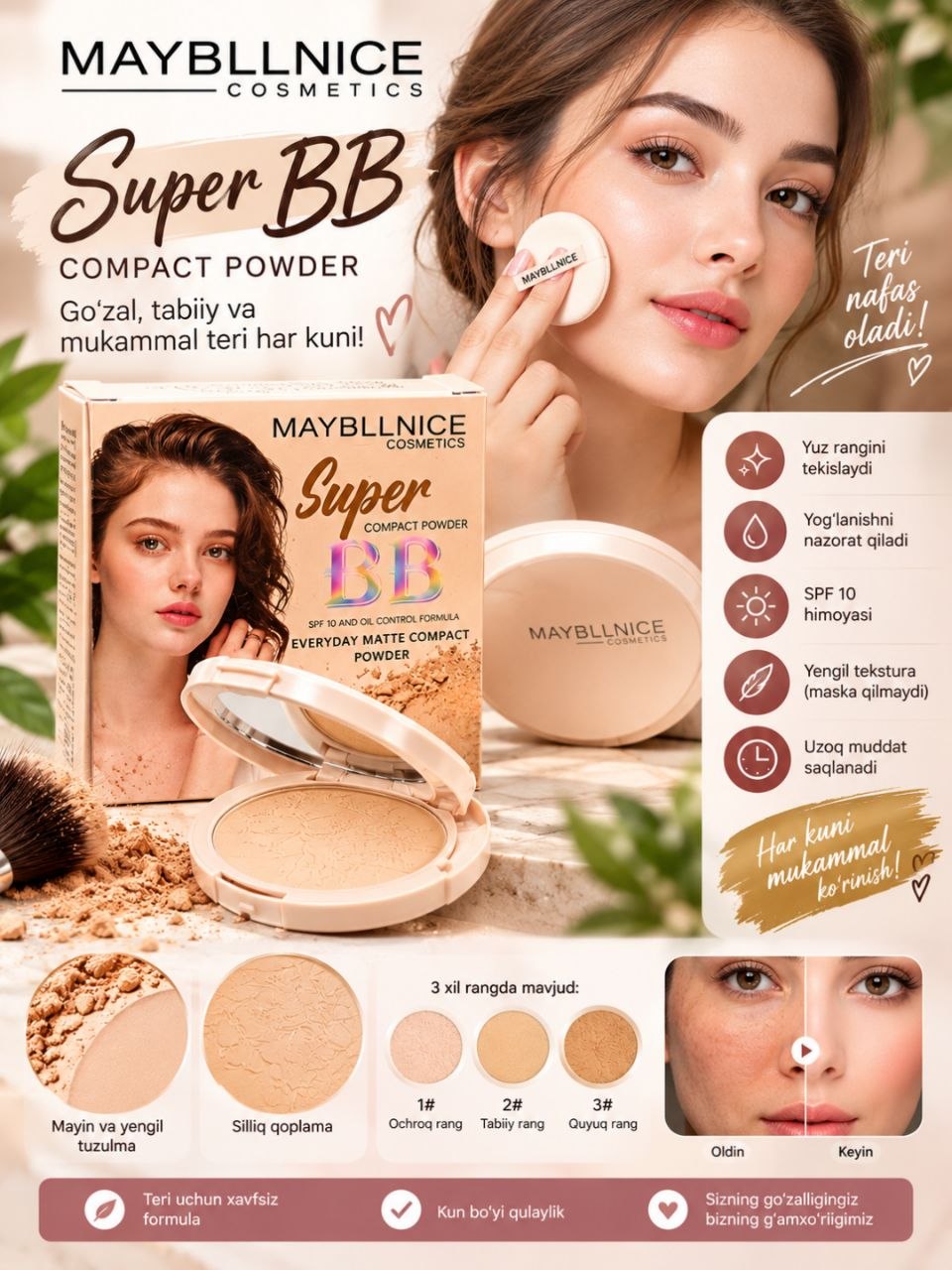 BB pudra, kompakt pudra, yuz pudrasi, mat pudra, BB powder, SPF 10 pudra, yog‘siz pudra