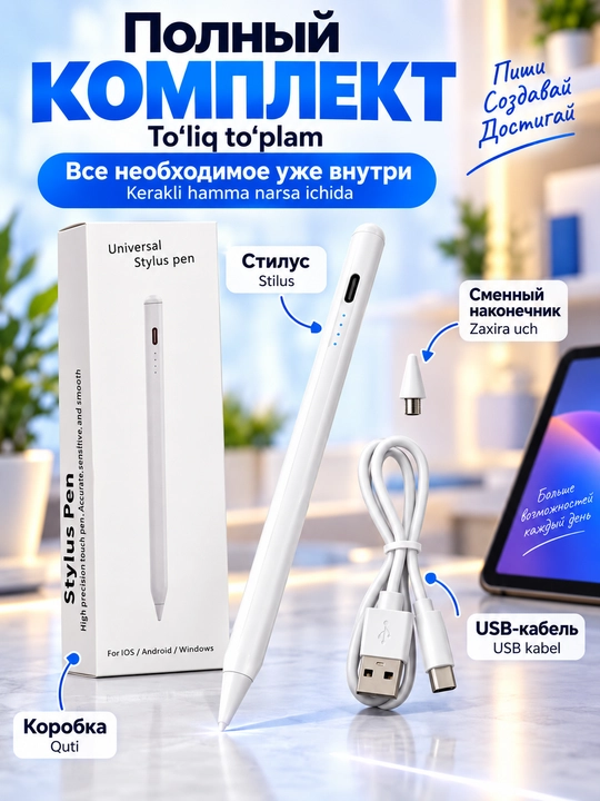 Стилус универсальный для телефона и планшета, электронная ручка с USB-зарядкой, белый