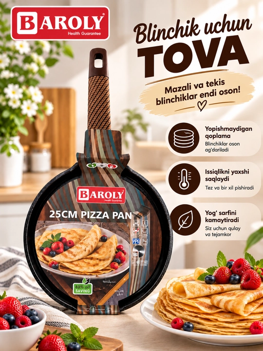 Blinchik tovasi, qulay tova, oshxona idishi, yopishmaydigan, yupqa tova, pishirish tovasi
