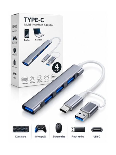 4 portli USB HUB 3.0 Type-C Hub konsentratori, USB porti