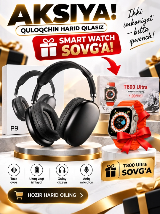 P9 simsiz quloqchin + T800 Ultra aqlli soat sovg‘a - 