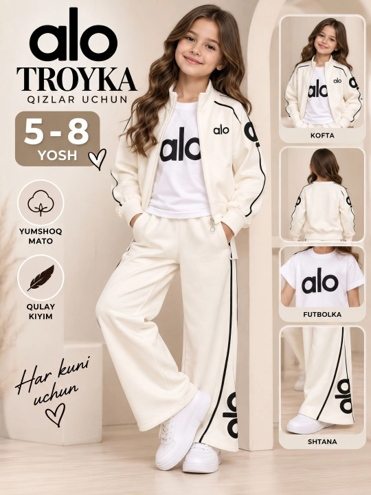 Qizlar uchun troyka kostyum sportivka kofta futbolka va shim 5-8 yosh, bahor kuz - 