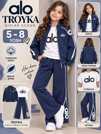 Qizlar uchun troyka kostyum sportivka kofta futbolka va shim 5-8 yosh, bahor kuz - 