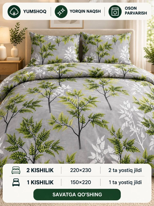 Choyshab to'plami 1 va 2 kishilik, bargli naqshli, yumshoq paxta mato