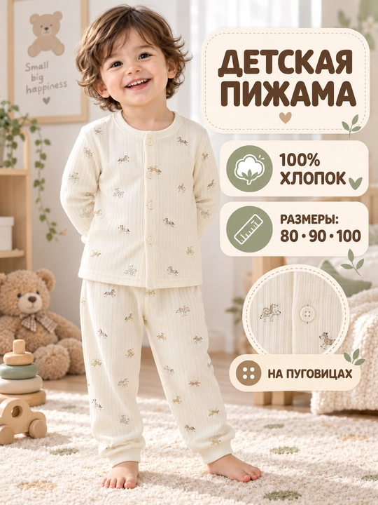 Детская пижама из хлопка, кофта и брюки, длинный рукав, размеры 80–100 - 