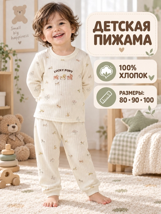 Детская пижама из хлопка, кофта и брюки, длинный рукав, размеры 80–100 - 
