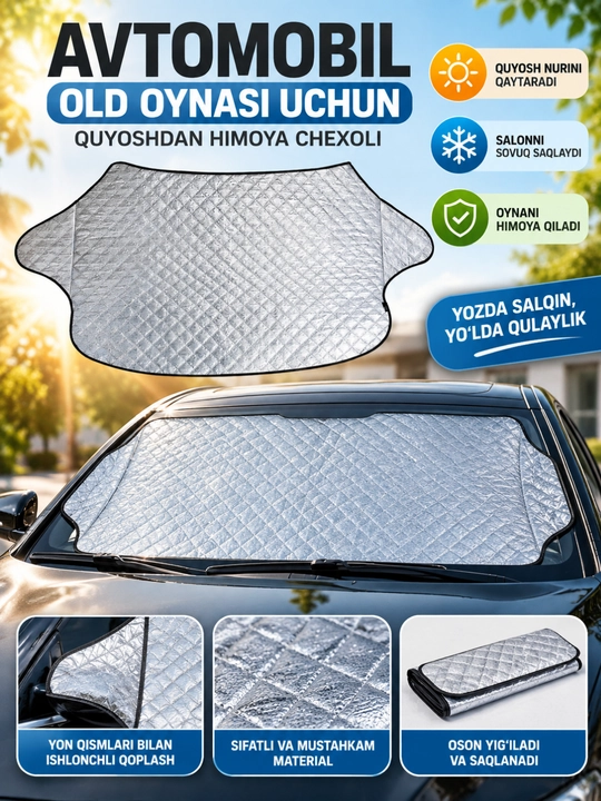 Avtomobil old oynasi uchun quyoshdan himoya chexoli, yig‘iladigan issiqlik qaytaruvchi - 